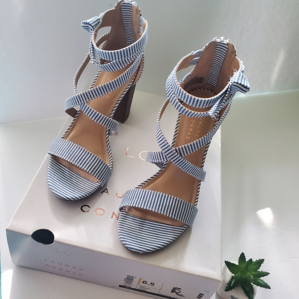 LC Lauren Conrad Walnut Stripe Sandals Heels 6.5 Women Shoes Blue White